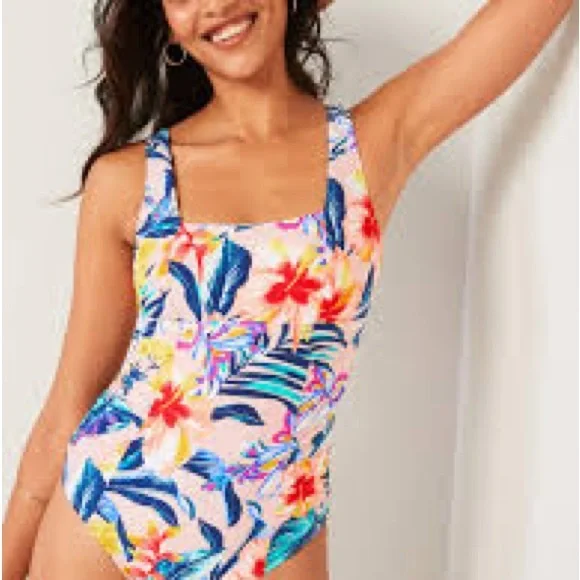 Old Navy Square Neck Pink and Yellow Floral One Piece Swimsuit - Picture 9 of 10